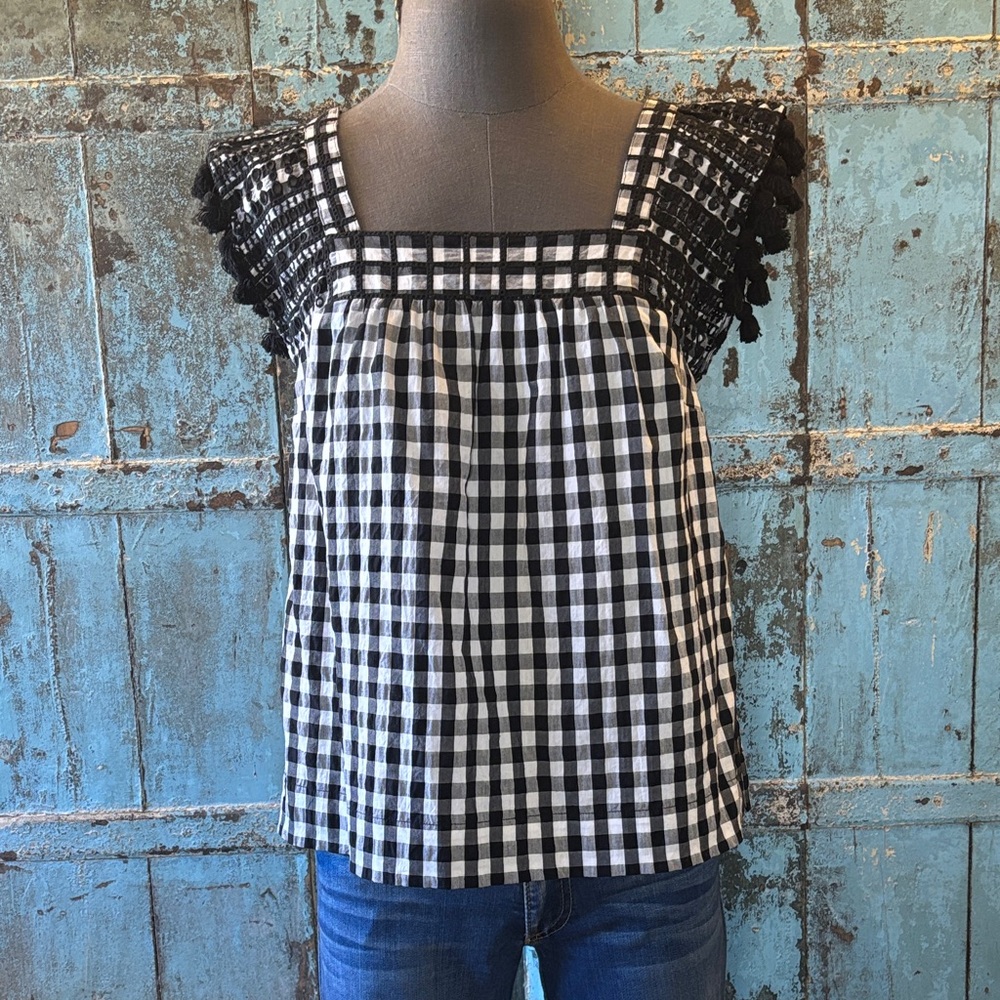 NWOT J. Crew Black and White Gingham Plaid Top Embroidery, Tassle Sleeves 2